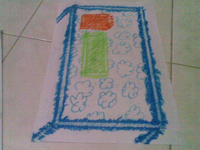 GAMBAR TEMPAT TIDUR LENGKAP DENGAN BANTAL DAN GULING SERTA SEPREI GAMBAR AWAN.