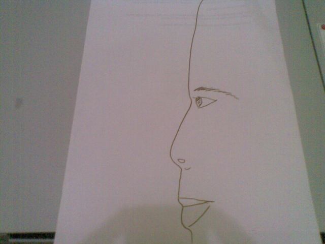 contoh gambar siluet bayangan wajah suami saya, yang telah diberi tambahan alis, mata, lobang hidung serta bibir di lekukan yang pas.