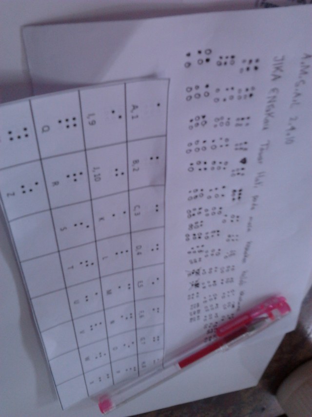 Dari kamus yang ada, anak-anak diminta menggambar ayat hafalan hari ini menggunakan huruf brielle, sehingga bisa dibaca orang buta.