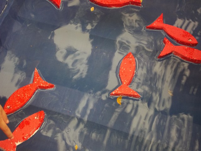 PERHATIKAN BAHWA PADA TIAP IKAN DIBERI KAIT KAWAT BERBENTUK SETENGAH LINGKARAN NANTI UNTUK DIKAITKAN DENGAN MATA PANCING YANG TERBUAT DARI PAPER CLIP