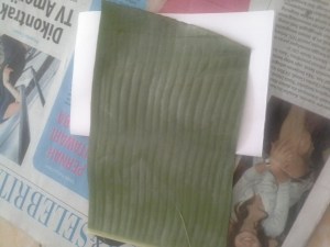 Ukur kertas dengan tingkat kelebaran daun yang akan kita potong. Ingat, Serat daun akan kita buat mendatar, bukan vertikal, karena pada bentuk hati nanti, serat daun yang terjiplak akan menjadi garis-garis untuk menulis